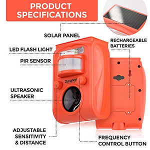 DURANOM Ultrasonic Solar Powered Animal Repeller w/ Motion Sensor, Strobe Light & Alarm Chase