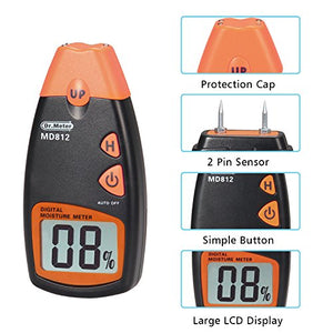 Dr.meter Digital Portable Wood Water Moisture Tester, Digital LCD Display with 2 Spare Sensor Pins and one 9V Battery
