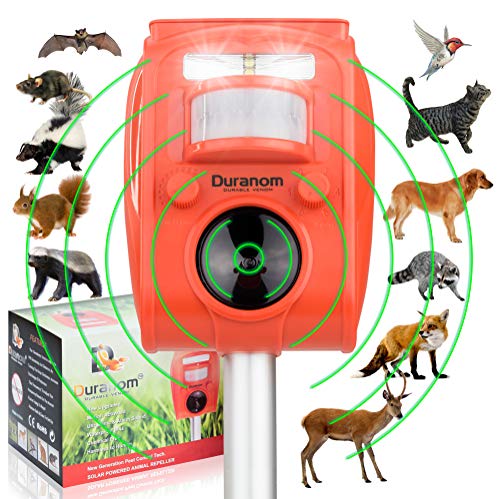 DURANOM Ultrasonic Solar Powered Animal Repeller w/ Motion Sensor, Strobe Light & Alarm Chase
