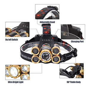 NEWEST Headlamp 12000 Lumen CREE LED Work Headlight with 18650 Rechargeable Batteries, 4 Modes IPX4 Waterproof Zoomable Head Lamp Best Head Lights for Camping Cycling Hiking Hunting
