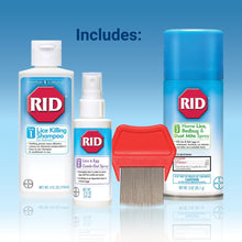 Load image into Gallery viewer, RID Lice Treatment Complete Kit, Includes 4 Fluid Ounces RID Lice Killing Shampoo, 2 Fluid Ounces Lice and Egg Comb-Out Spray, Lice Comb, and 3 Ounces RID Home Lice, Bedbug &amp; Dust Mite Home Spray